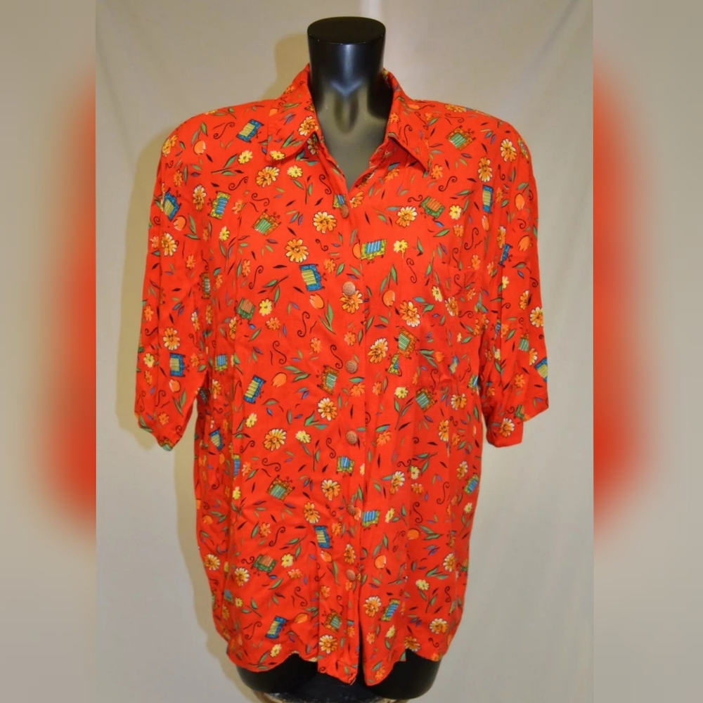 SK Wear Vintage 80s 90s Red Flower Print Funky Button Down Shirt sz L